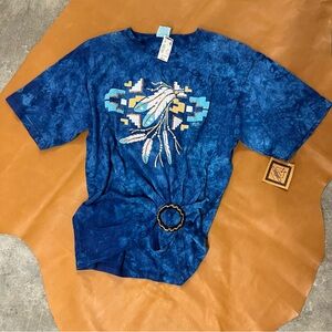 NWT 90s Lynne Apparel Blue T-Shirt with Feather Graphic Southwestern L